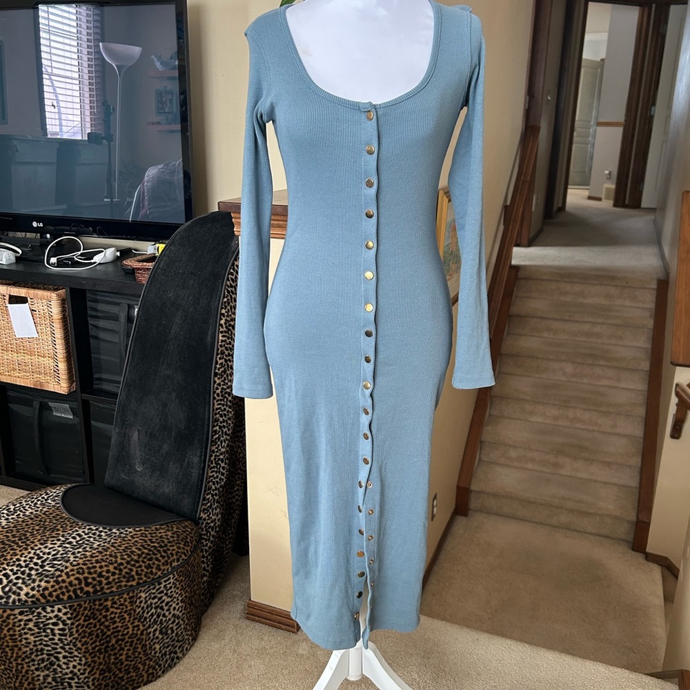 Body Con Ribbed Blue Button-Down Dress